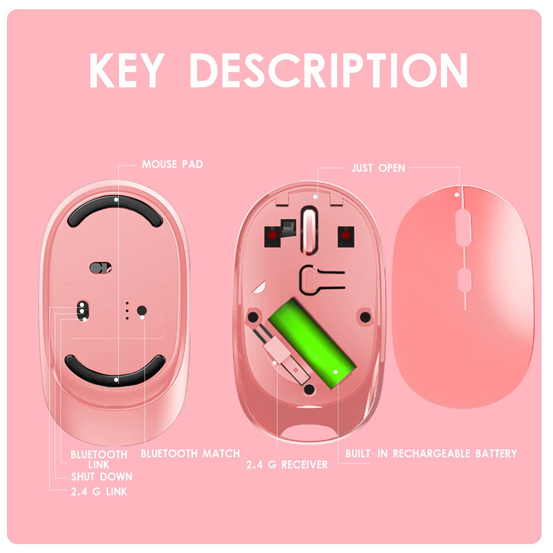 [Australia - AusPower] - Computer Wireless Mice, Bluetooth 2.4G Mice Dual-Mode Rechargeable Silent Mute Wireless Mice, Fashionable Design with 3 Adjustable DPI 1000-1200-1600 Levels for Laptop,Desktop,Mac,PC (Pink) Pink 
