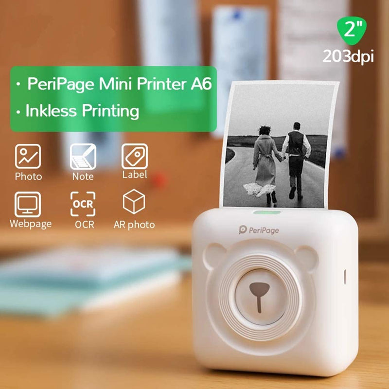 [Australia - AusPower] - PeriPage Mini Portable Paper Photo Pocket Thermal Printer 58 mm Printing Wireless Bluetooth Android iOS Printers (White) 