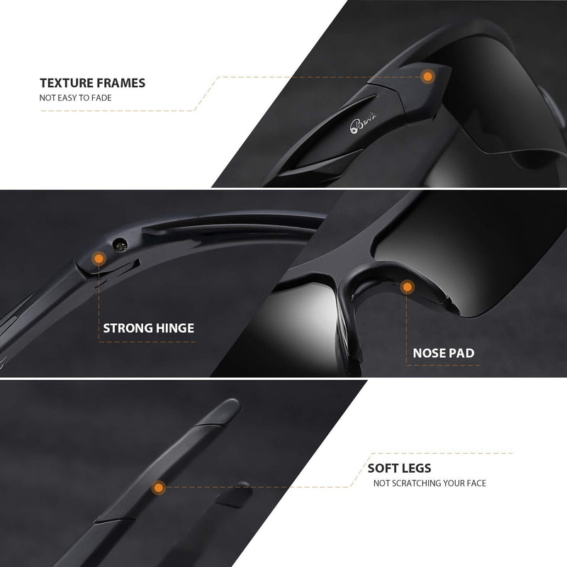 [Australia - AusPower] - Bevi Polarized Sports Sunglasses TR90 Unbreakable Frame for Men Women Running Cycling Golf Baseball Black 