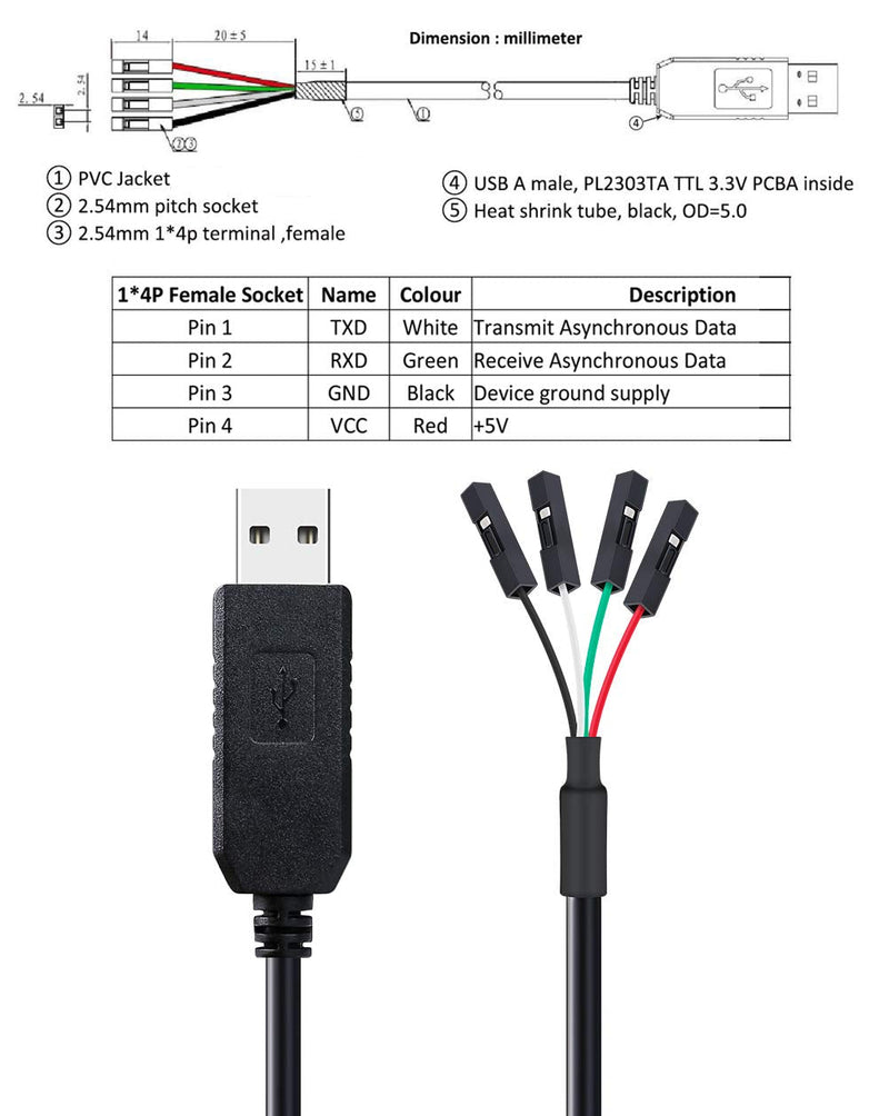 [Australia - AusPower] - DTECH USB to TTL Serial Adapter 3.3V Debug Cable TX RX Signal 4 Pin Female Socket PL2303 Prolific Chip Windows 10 8 7 XP Vista (3ft, Black) 3ft/1m 