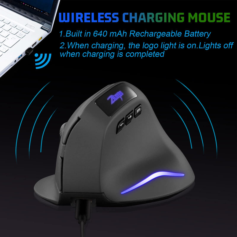 [Australia - AusPower] - Wireless Vertical Mouse, 2.4G Wireless Ergonomic Vertical Computer Mouse with 3 Adjustable DPI 1000/1600/2400, Rechargeable Laptop Mouse-Reduce Wrist Pain Compatible with PC, Desktop,Mac (Black)… Black 