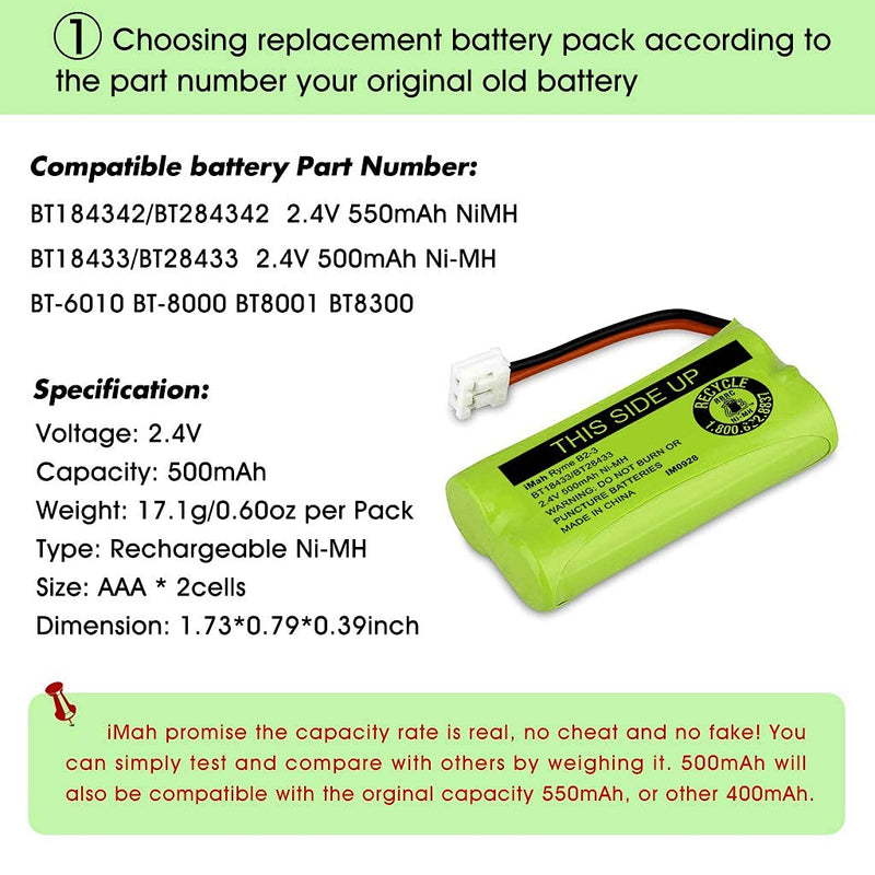 [Australia - AusPower] - iMah BT18433/BT28433 2.4V 500mAh Cordless Phone Battery Compatible with AT&T VTech BT184342/BT284342 BT-8300 BT1011 BT1018 BT1022 BT1031 89-1326-00-00 89-1330-01-00 CPH-515D, Pack of 6 