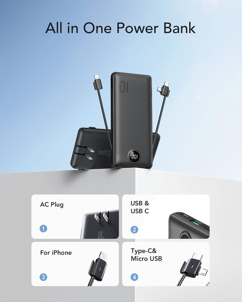 [Australia - AusPower] - Portable Charger with Built in Cable and AC Wall Plug, PD&QC 20W Fast Charging Ultra Slim USB C Power Bank with Built in Cables, VEEKTOMX External Battery Pack Compatible with All Smart Devices Black 