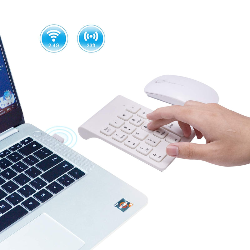 [Australia - AusPower] - Wireless Numeric Keypad, TRELC Mini 2.4G 18 Keys Number Pad, Portable Silent Financial Accounting Numeric Keypad Keyboard Extensions with Wireless Mouse for Laptop, PC, Desktop, Notebook (White) White 