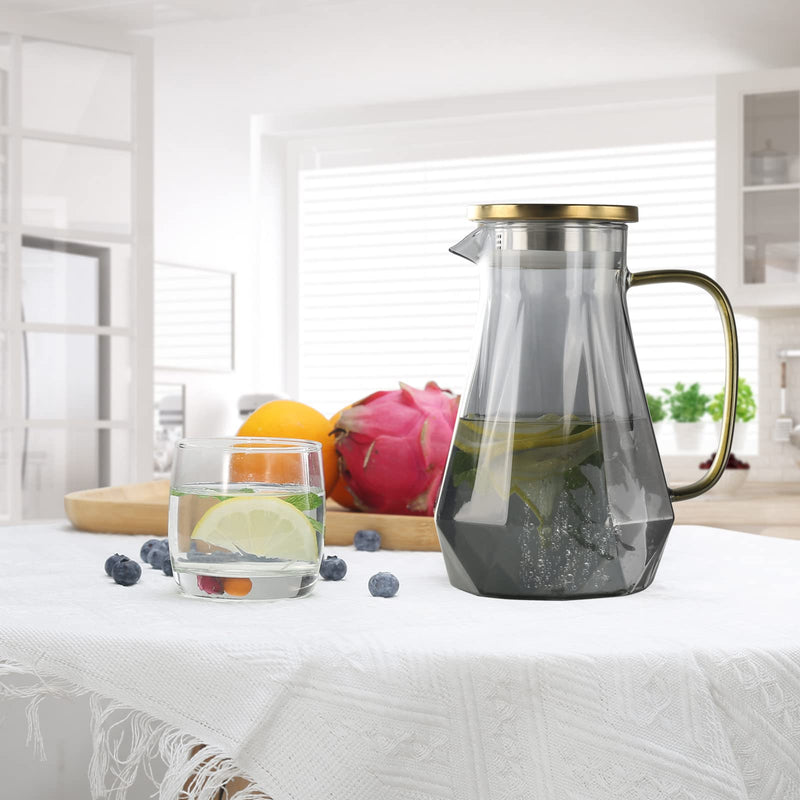 [Australia - AusPower] - Glass Pitcher, OEH 51oz Glass Pitcher with Lid, Heat-resistant Borosilicate Glass Water Pitcher, Light Luxury Style Glass Pitcher with Lid and Spout for Juice, Milk, Cold or Hot Beverages, Grey Gray 