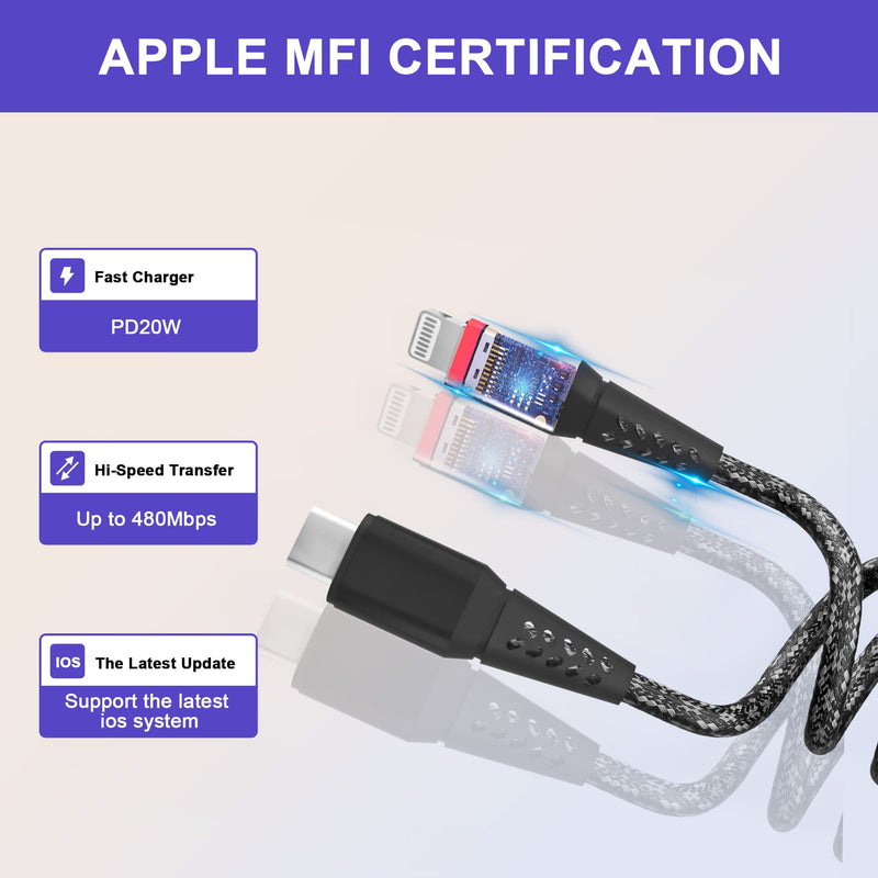 [Australia - AusPower] - iPhone Charger USB C to Lightning 6FT Apple MFi Certified USB C Lightning Cable *2 &USB A to Lightning Cable*1 (6/6/6ft) Nylon Braided Lightning Cable Compatible iPhone 13/12/11Pro Max/11Pro/11More 