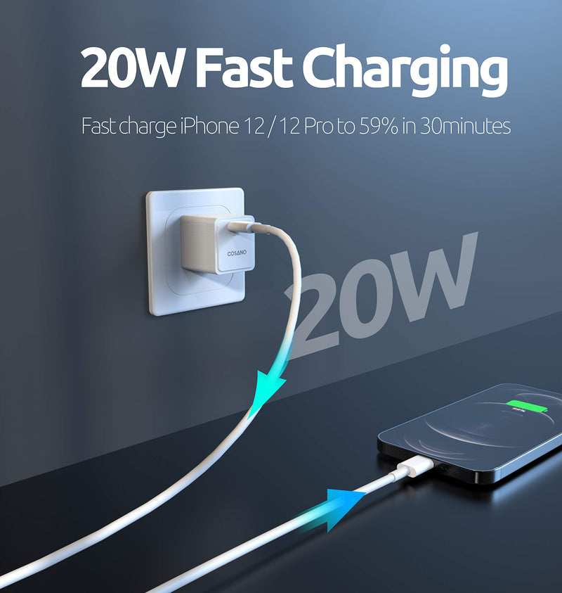 [Australia - AusPower] - [Upgraded] Mini USB C Charger, COSANO 20W PD 3.0 Durable Compact Fast Charger for New iPhone, USB C Wall Charger Compitible with iPhone 12 Mini Pro Max, iPad Pro, AirPods Pro (Cable Not Included) 