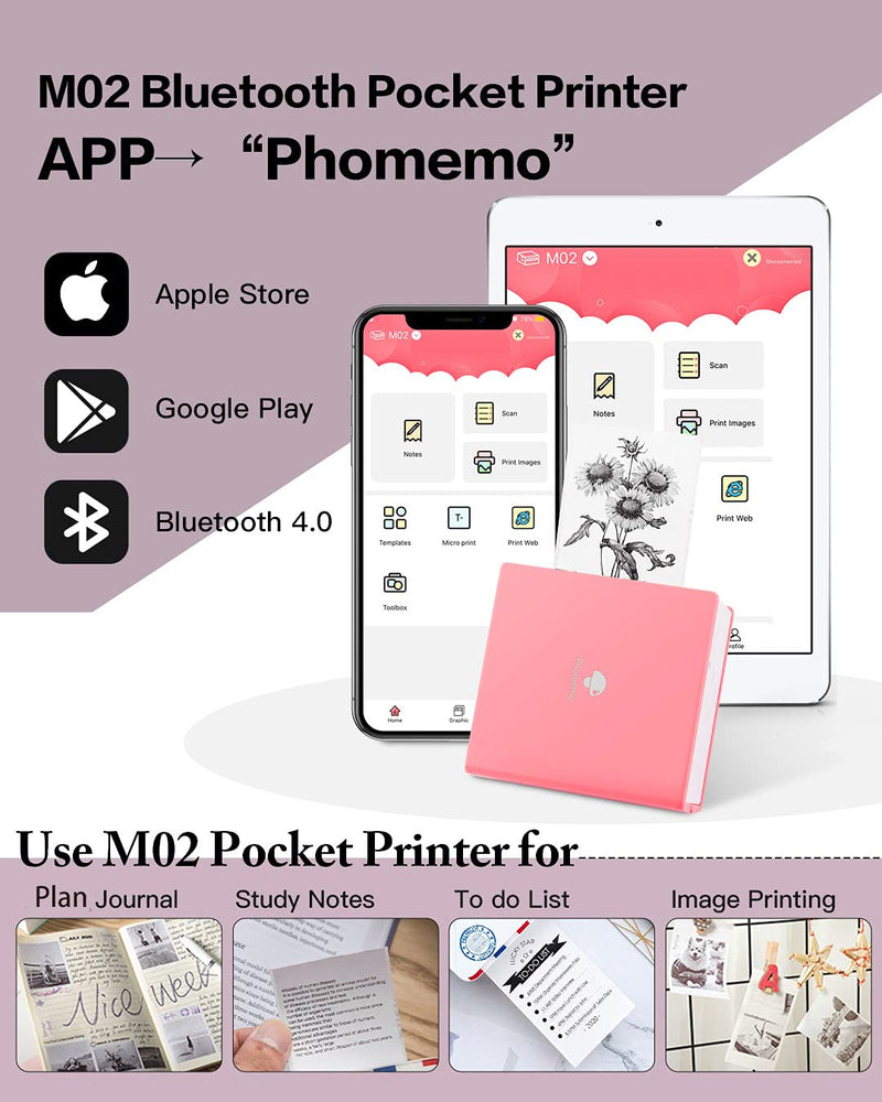 [Australia - AusPower] - Phomemo M02 Portable Pocket Printer- Mini Bluetooth Wireless Thermal Sticker Printer Compatible with Android iOS for Instantly Print Fun, Retro-Style Photos, Mini Life Assistant, Good Gift, Pink 