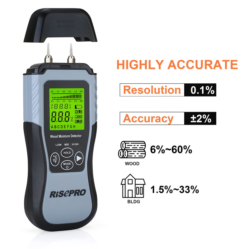 [Australia - AusPower] - RISEPRO Wood Moisture Meter Two Pins Digital Humidity Tester, Moisture Detector Inspection for Building Material Firewood Wall Paper Floor w/Backlit LCD 