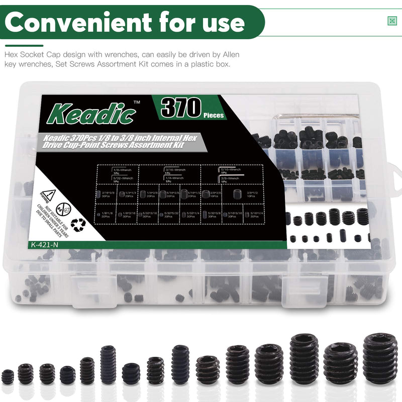 [Australia - AusPower] - Keadic 376Pcs 1/8 to 3/8 inch Internal Hex Drive Cup-Point Screws Grub Screws Assortment Kit, 15 Sizes Set of Screws for Door Handles, Faucet, Light Fixture, 12.9 Class Alloy Steel (Black) 