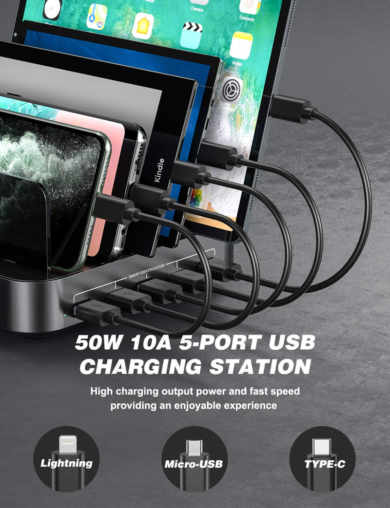 [Australia - AusPower] - Charging Station for Multiple Devices, 5 Port USB Charging Station Dock, Compatible with iWatch & Airpod Stand Compatible with iPhone, iPad, Cell Phone, Tablets (Black, 8 Mixed Short Cables Included) 