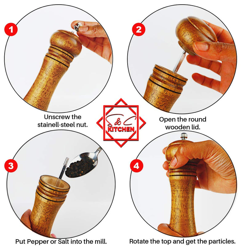 [Australia - AusPower] - Wooden Pepper Mill or Salt Mill with a cleaning brush - 8 inch tall - Best Pepper or Salt Grinder Wood with a Adjustable Ceramic Rotor and easily refillable - Oak Wood Pepper Grinder for your kitchen 