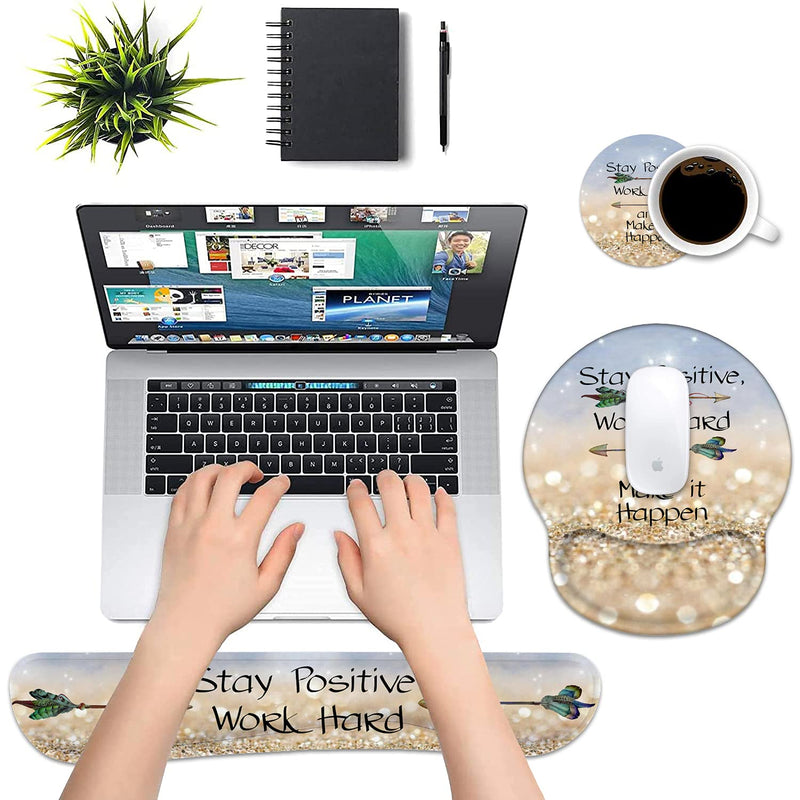[Australia - AusPower] - Keyboard Wrist Rest and Mouse Pad Wrist Support Set with Coasters,Stay Positive Work Hard and Make It Happen Inspirational Quote Wrist Mouse Pad with Non-Slip PU Base for Computer Laptop Home Office 