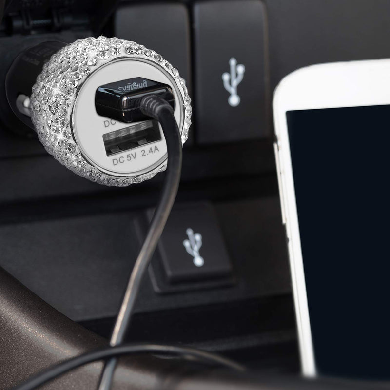 [Australia - AusPower] - 8 Pieces Bling Car Accessories, Bling Car Phone Holder, Crystal Car Dual Port USB, 4 Pieces Car Tire Valve Caps, 2 Pieces Ring Emblem Sticker for Women Girls (White) 