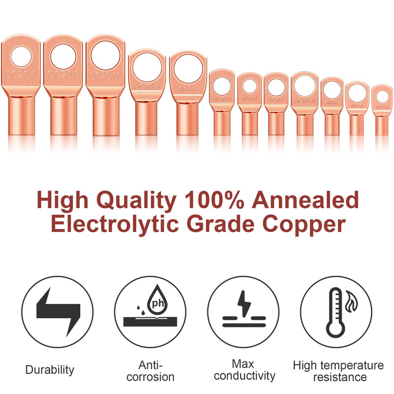[Australia - AusPower] - 170 Pieces Copper Battery Cable Ends 12 Sizes Battery Wire Lugs Eyelets Tubular Ring Terminal Connectors SC Terminals for Automotive Supplies AWG4, AWG6, AWG8, AWG10, AWG12 (Metal Color) Metal Color 