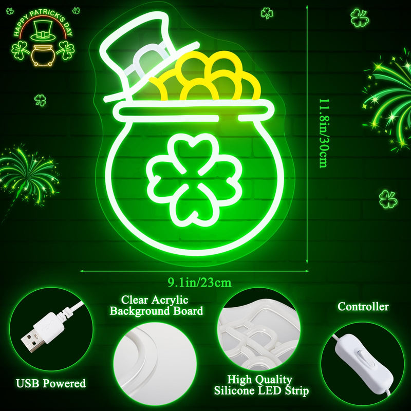 [Australia - AusPower] - Aurelema St. Patrick's Day Neon Sign 11.8 x 9.1 Inch Lighted Window Decorations Cornucopia Shamrock LED Sign Neon Light USB Powered Neon Signs for Irish St. Patrick's Day Party Holiday Wall Decor Gift 