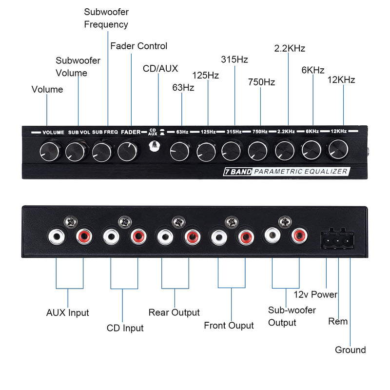 [Australia - AusPower] - Facmogu 7-Band Car Audio Equalizer, Adjustable 7 Bands EQ Car Amplifier Graphic Equalizer with CD/AUX Input Select Switch, Front/Rear + Sub Output, for Boat RV RTV Motorcycle Car Stereo Tone Control 