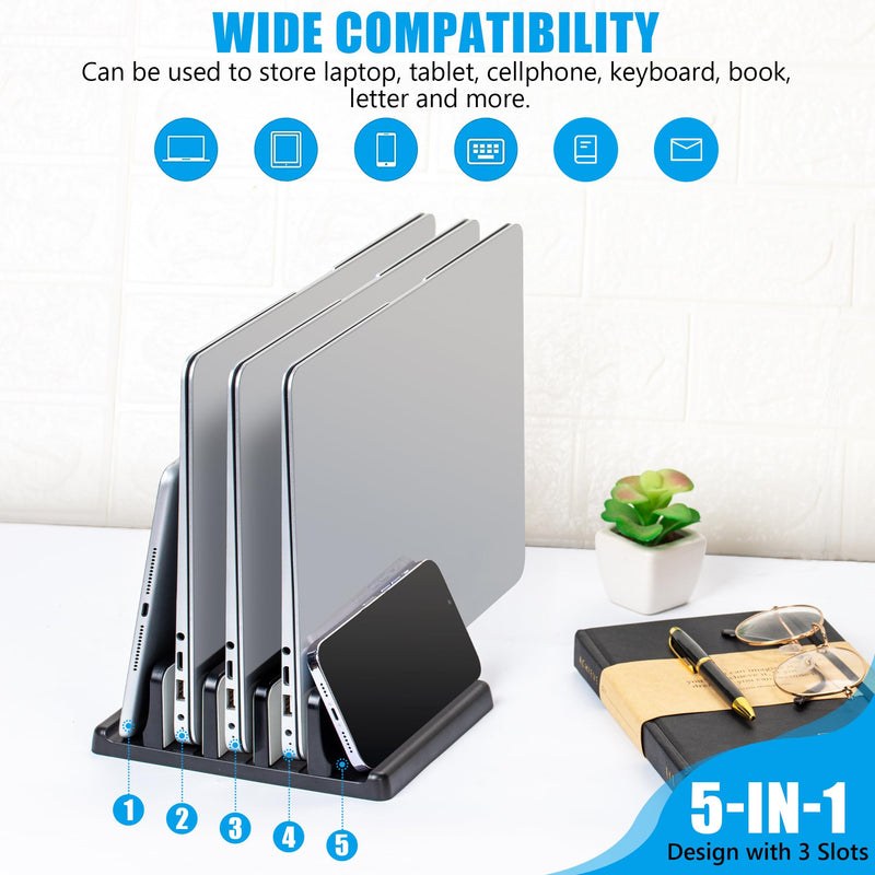 [Australia - AusPower] - Ryvlan Vertical Laptop Stand, Adjustable 3 Slot Laptop Storage with Rubber Padding, Multiple Laptop Holder for Desk, Premium Plastic Holder Compatible with MacBook - (Pre-Assembled) 3 Slots Assembled 