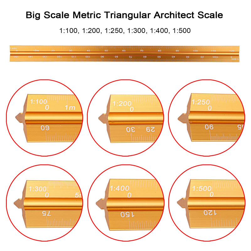 [Australia - AusPower] - OwnMy 30CM Solid Aluminum Metric Triangular Architect Scale Ruler Set, Architectural and Engineer Scale Ruler Set Clear Etched Scales Metal Drafting Rulers for Blueprints Civil Engineering, Gold 
