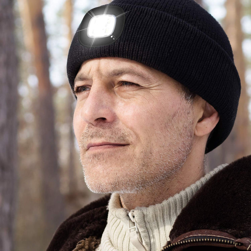 [Australia - AusPower] - Etsfmoa Unisex Beanie Hat with The Light Gifts for Men Dad Father USB Rechargeable Caps Black 