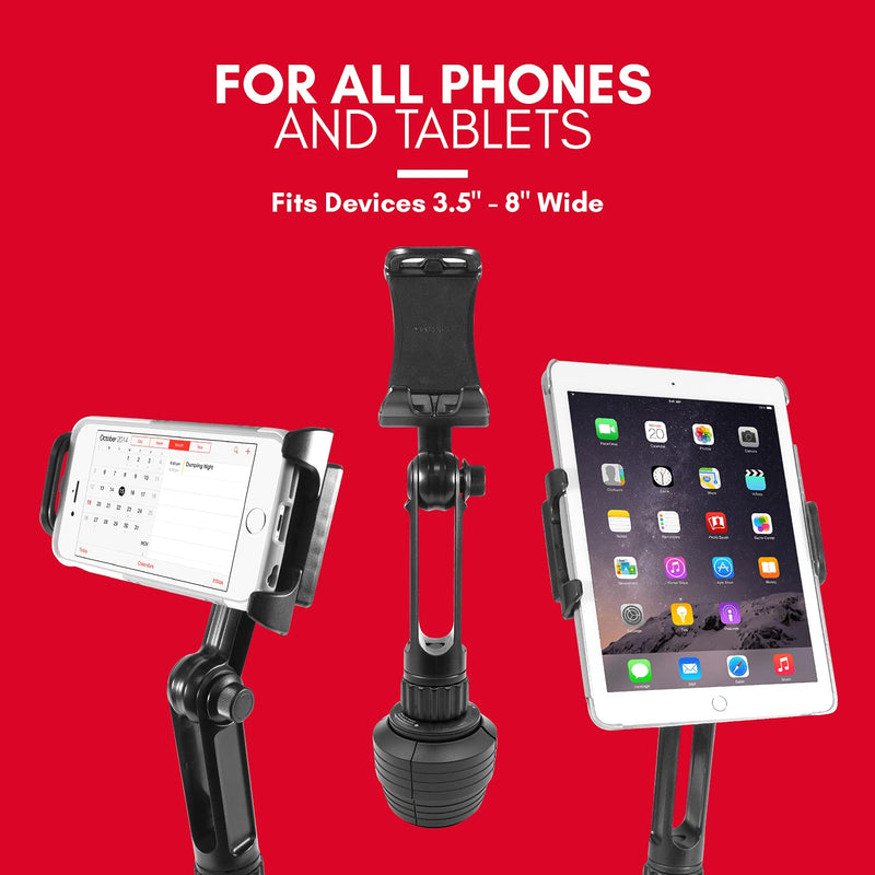 [Australia - AusPower] - Macally Heavy Duty Tablet Holder for Car - Works as Cup Holder Tablet Mount or Phone Cup Holder - Fits Devices 3.5" - 8” Wide with Case - Adjustable iPad Car Mount with 360° Rotatable Cradle 
