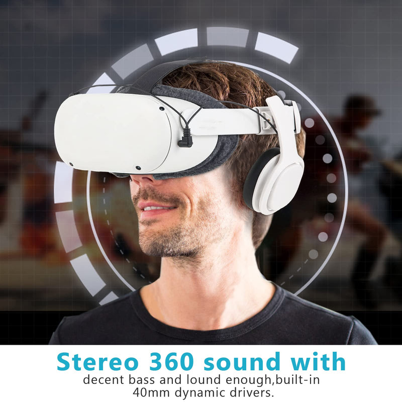 [Australia - AusPower] - Stereo VR Headphones Custom Made for Meta Quest 2/Oculus Quest 2 Elite Head Strap & Original Head Strap-On Ear Deep Bass 3D 360 Degree Sound (White) White 