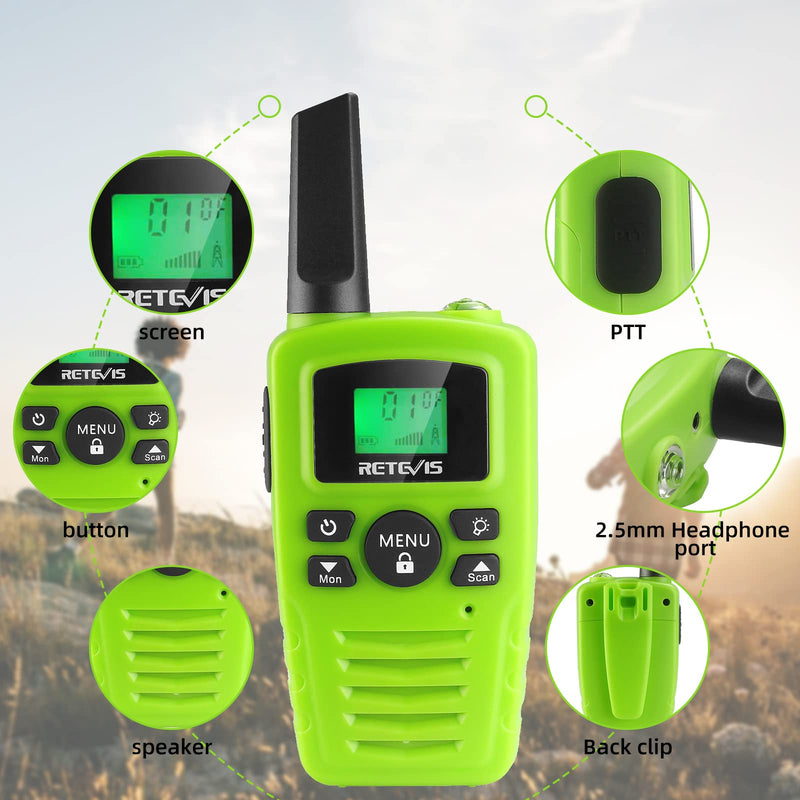 [Australia - AusPower] - Retevis RA35 Walkie Talkies Long Range,Small Two Way Radio for Adults Kids,Clear Sound VOX Flashlight,Portable 2 Way Radios for Family Christmas Gifts(4 Pack,Green) Green 