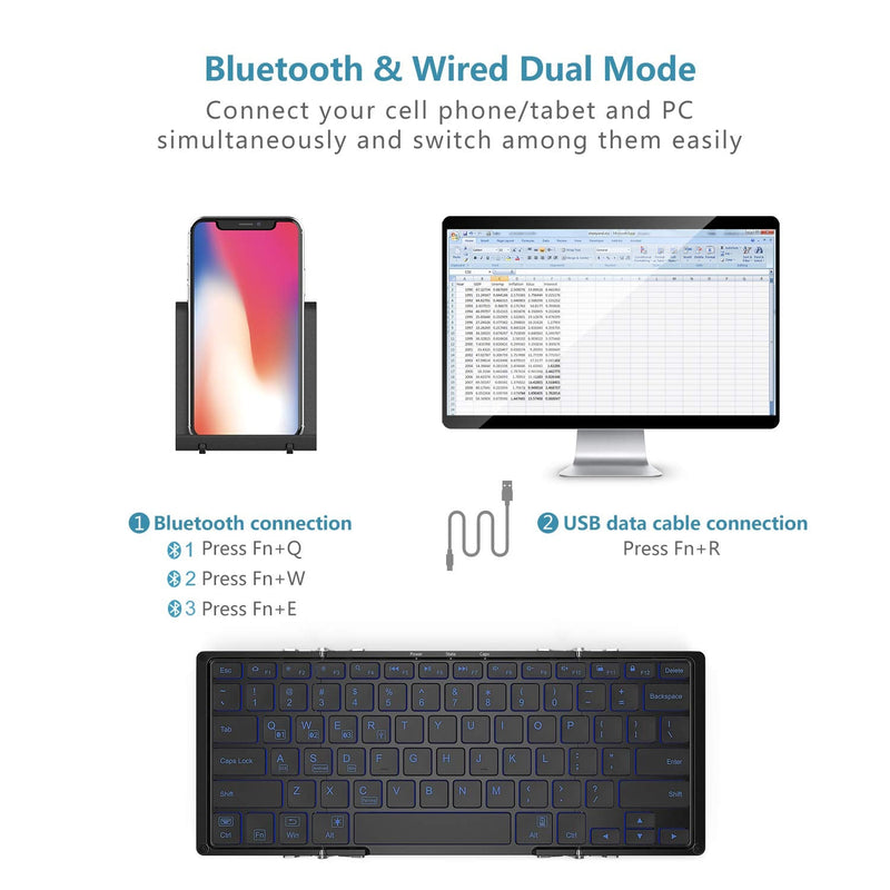 [Australia - AusPower] - iClever BK05 Bluetooth Keyboard with 3-Color Backlight, Bluetooth 5.1 Multi-Device Foldable Keyboard with Aluminum Alloy Base for iOS Windows Android Tablets, Smartphones, Laptops, PC and More 