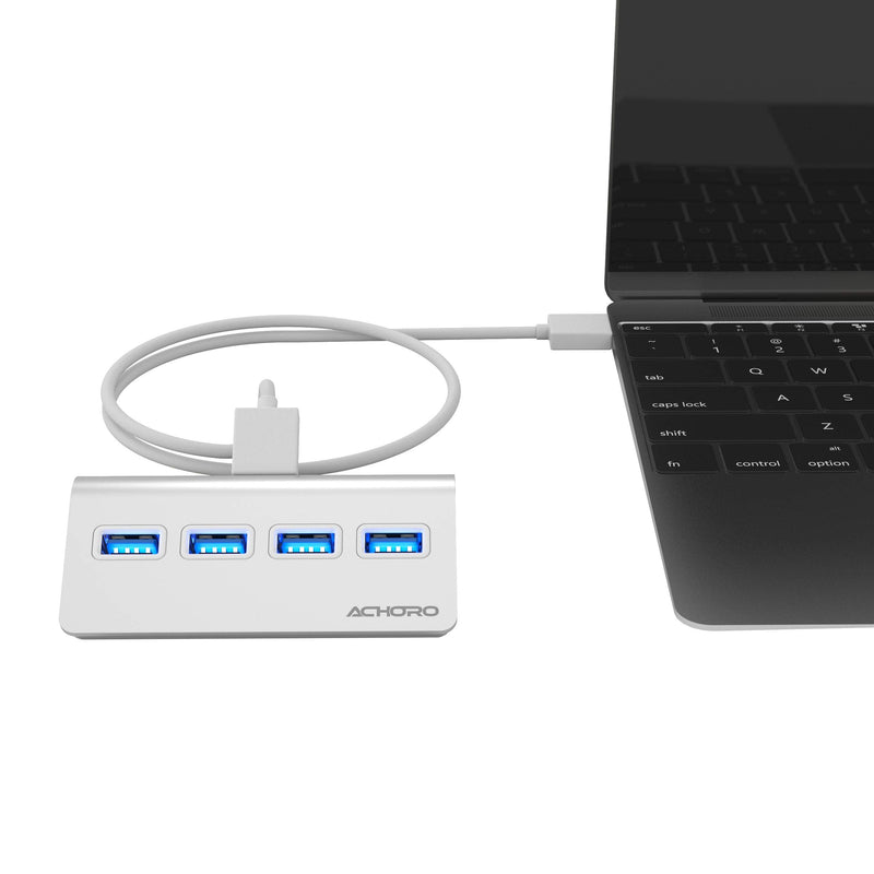 [Australia - AusPower] - Achoro Premium Quality Computer USB Port Expander – 4 Ports Portable USB Hub - Compatible with MacBook, Windows, iMac, Hard Drive, and PC – High-Speed 3.0 USB HUB (Silver) Silver 