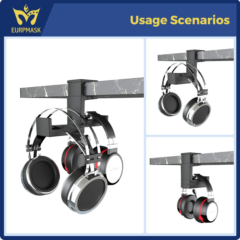 [Australia - AusPower] - PC Gaming Headphone Stand, Dual Headset Hanger Hook Holder with Adjustable & Rotating Arm Clamp , Under Desk Design , Universal Fit , Built in Cable Clip Organizer EURPMASK Black 