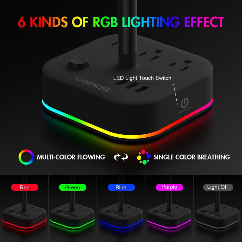 [Australia - AusPower] - Gamenote RGB Headphone Stand & Power Strip 2 in 1 Desk Gaming Headset Holder with 3 USB Charging Ports and 3 Power Outlets Earphone Hanger Accessories for Desktop Gamer 