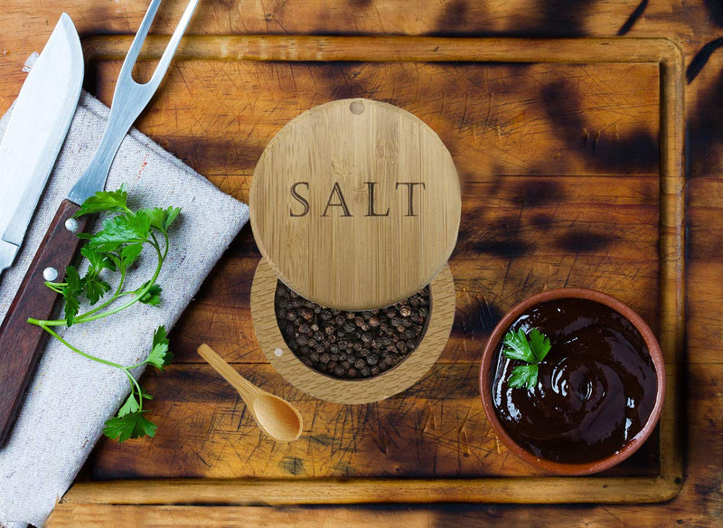 [Australia - AusPower] - Salt Cellar, Bamboo Salt Box, Salt Container With Spoon, Salt Holder With Lid, Salt Shaker, Cumin and Pepper Bowl with Magnetic Swivel Lid (1 box with engraved "Salt")… ("SALT" engraved) "SALT" engraved 