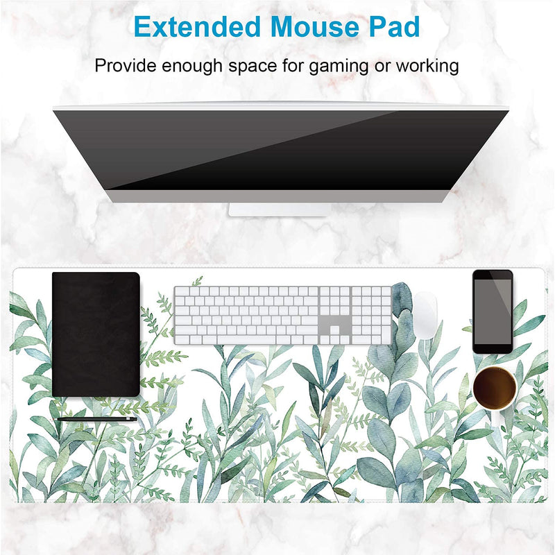 [Australia - AusPower] - Extended Gaming Mouse Pad (35.4x15.7 inch 3mm Thick), iDonzon Soft Cute Extra Large XXL Waterproof Thicken Desk Mouse Keyboard Mat with Non-Slip Rubber Base & Stitched Edges, Green Plants 