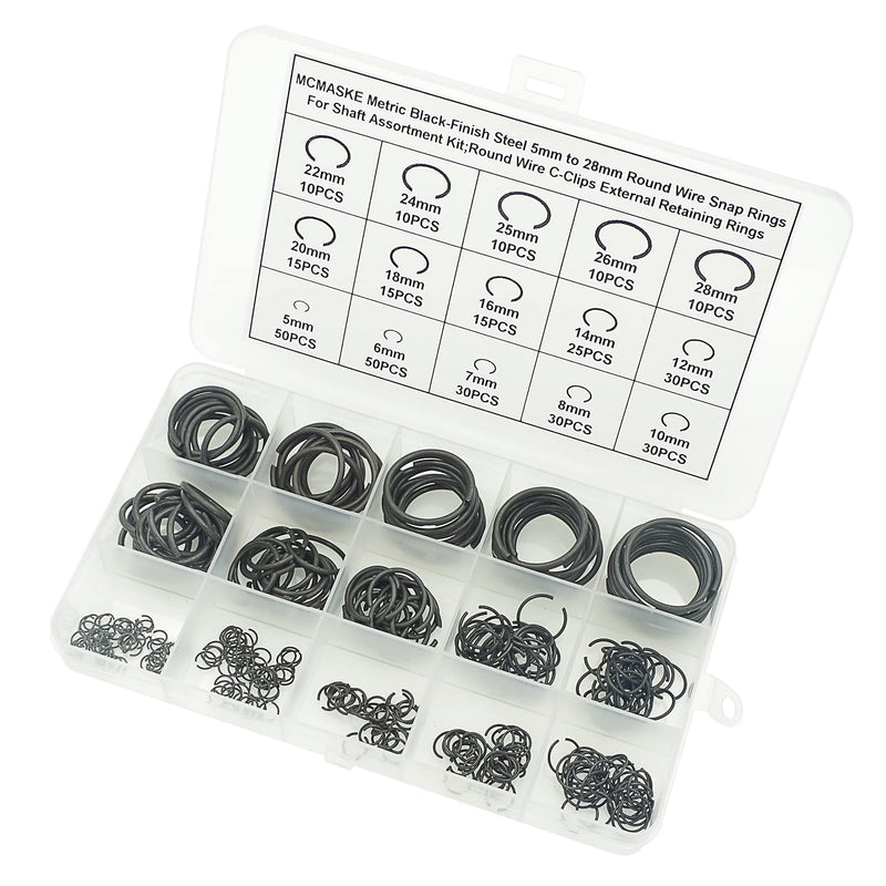 [Australia - AusPower] - MCMASKE Metric 5mm to 28mm Round Wire C-Clips External Retaining Rings Assortment Kit;Round Wire Snap Rings for Shaft(Black-Finish Steel? 