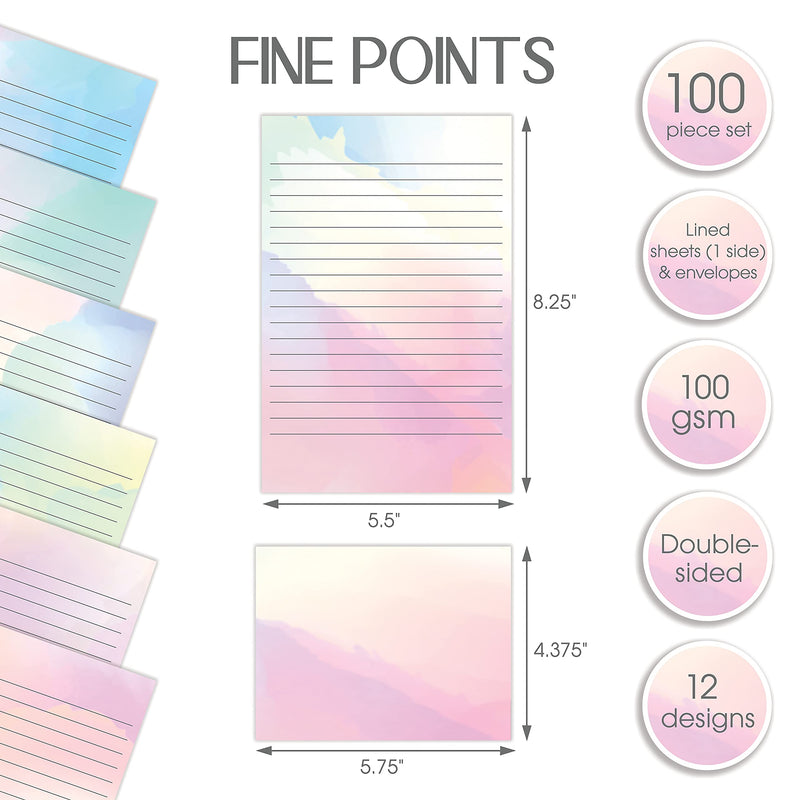 [Australia - AusPower] - Mini Stationery Set, 100 Piece Set (50 Lined Watercolor Sheets + 50 Matching Envelopes), 5.5 x 8.25 inch, 12 Unique Designs, Double Sided Printing, One Side Lined Paper, by Better Office Products 