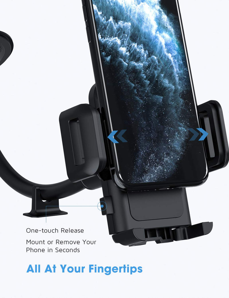[Australia - AusPower] - Phone Mount for Car, Long Arm Windshield Car Phone Holder Mount, Washable Suction Cup, 360 Degree Rotation, One Button Release, Sponge Pad Protection, Compatible with All iPhone and Other Cell Phone 