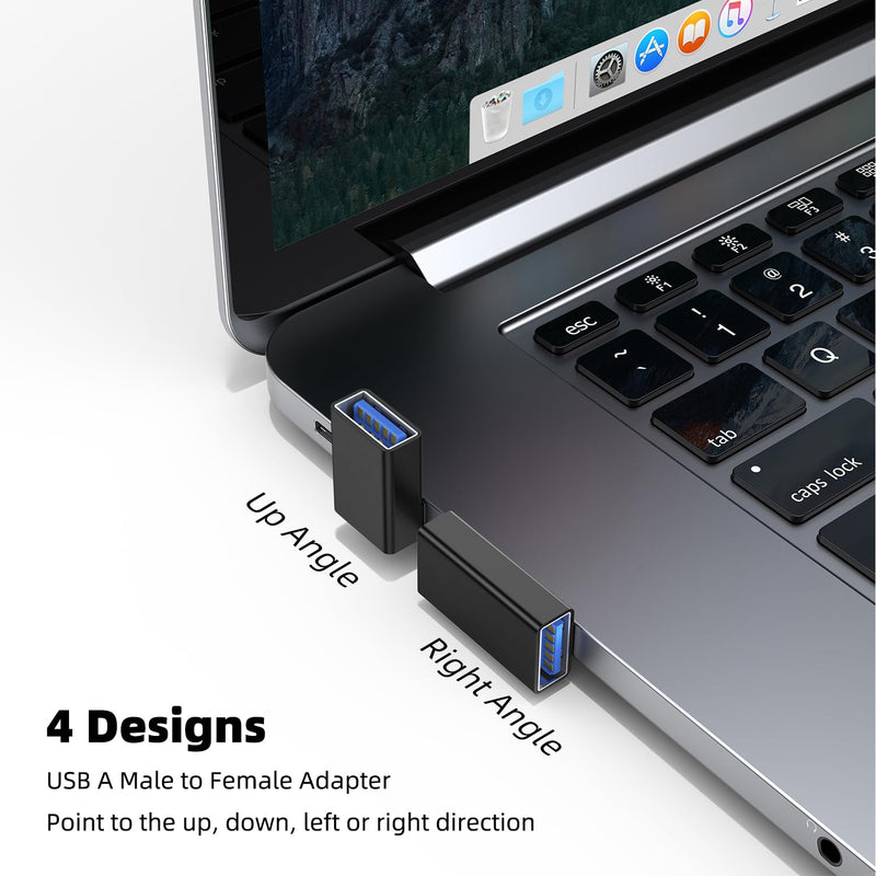 [Australia - AusPower] - AreMe 90 Degree USB 3.0 Adapter 4 Pack, Up and Down Angle, Left and Right Angle USB A Male to Female Converter Extender for PC, Laptop, USB A Charger, Power Bank and More (Black) Black 