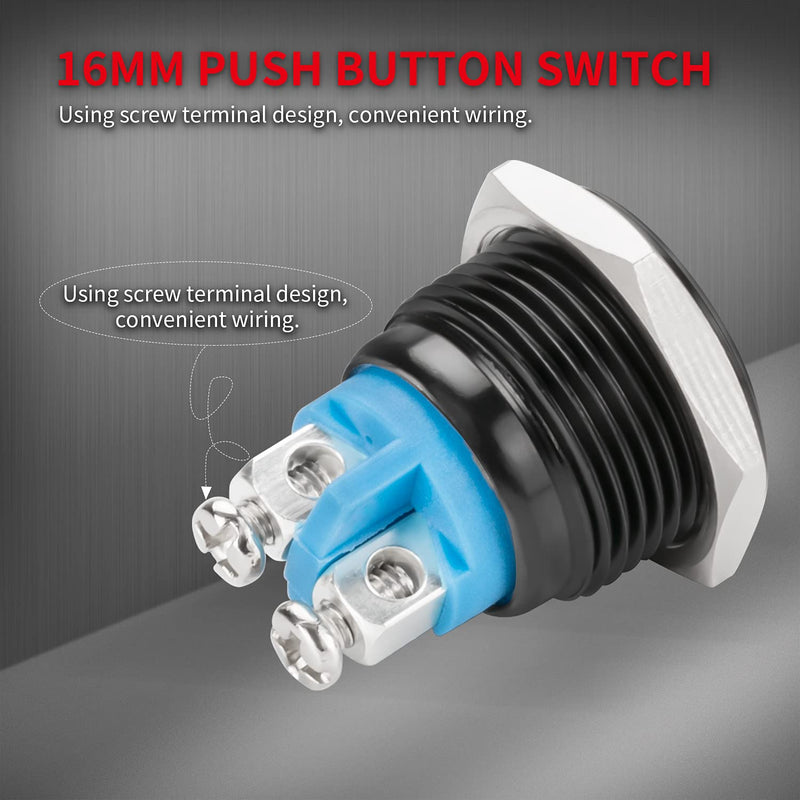 [Australia - AusPower] - DaierTek 12V Round Push Button Switch Waterproof Black Metal 16mm Momentary 1NO SPST DC/AC for Doorbell Horn Handlebar Screw Terminals Flat Button 10pcs 