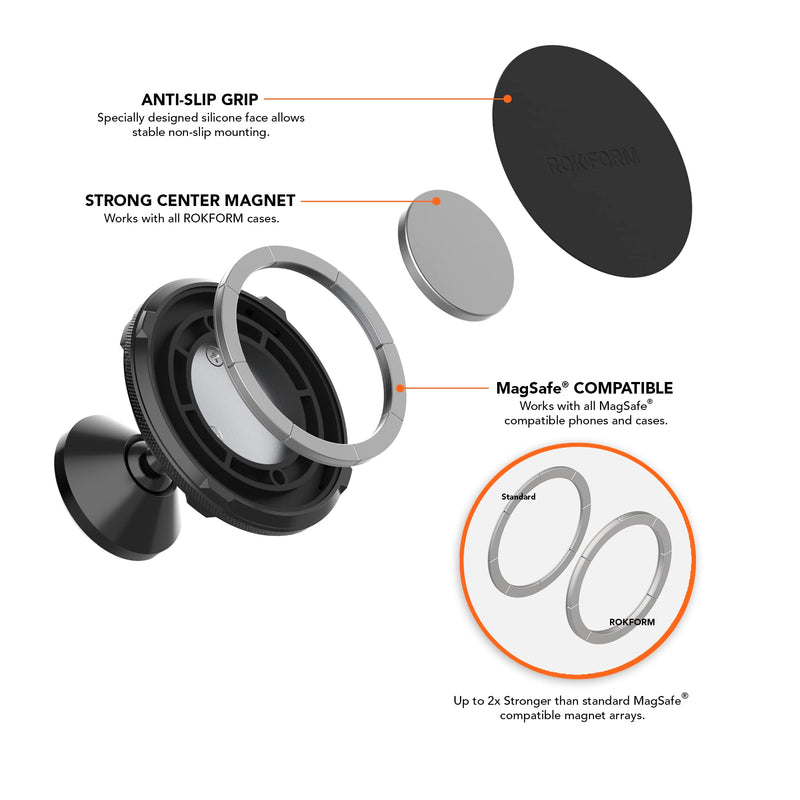 [Australia - AusPower] - Rokform - Adjustable Dual Magnet Car Mount, 360° Swivel with 3M VHB Tape, Compatible with MagSafe Phones and Cases and Rokform Cases, Cell Phone Holder, Dashboard Phone Mount for Truck Car & Van 