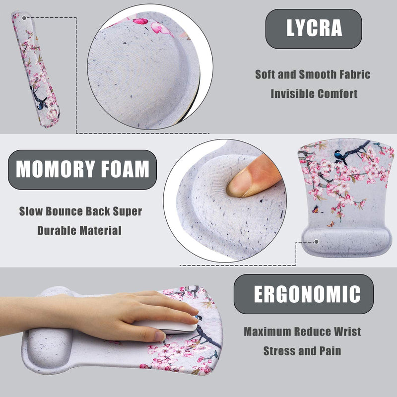 [Australia - AusPower] - Ergonomic Keyboard Wrist Rest and Mouse Pad Wrist Rest Support Set,Comfortable & Lightweight Memory Foam Computer/Gaming/Office Wrist Set for Easy Typing & Pain Relief by AORTDES(Bird and Pink Flower) Kmwrp-19 