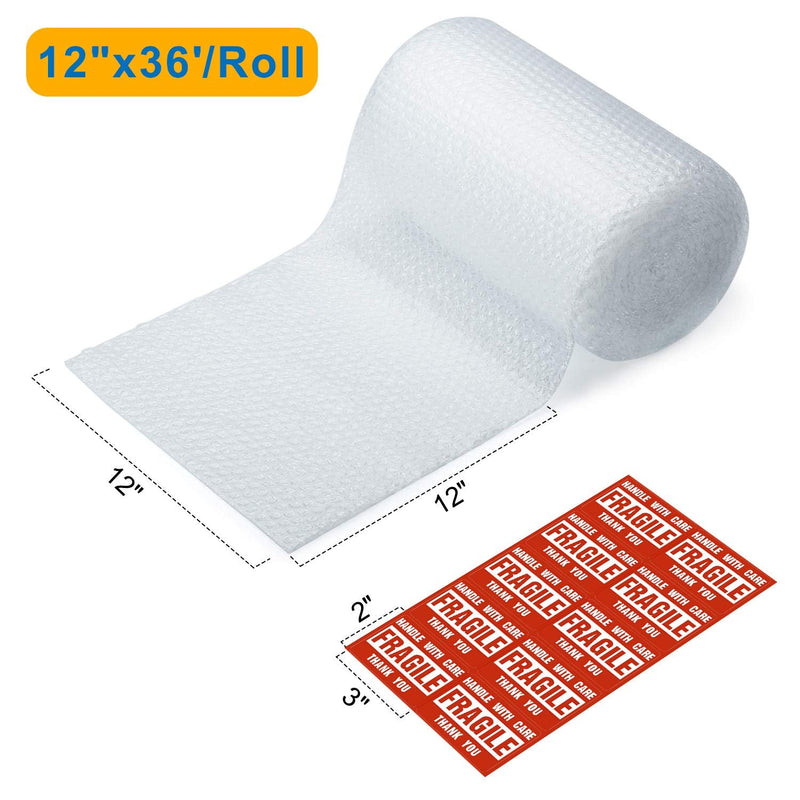 [Australia - AusPower] - Fuxury Bubble Cushion Wrap Roll, Air Bubble Cushioning Wrap Roll- 2 Rolls 72 Feet Total,Perforated Every 12",Included 20 Fragile Sticker Labels for Packaging Moving Shipping Boxes Supplies Transparent 12"x72' 