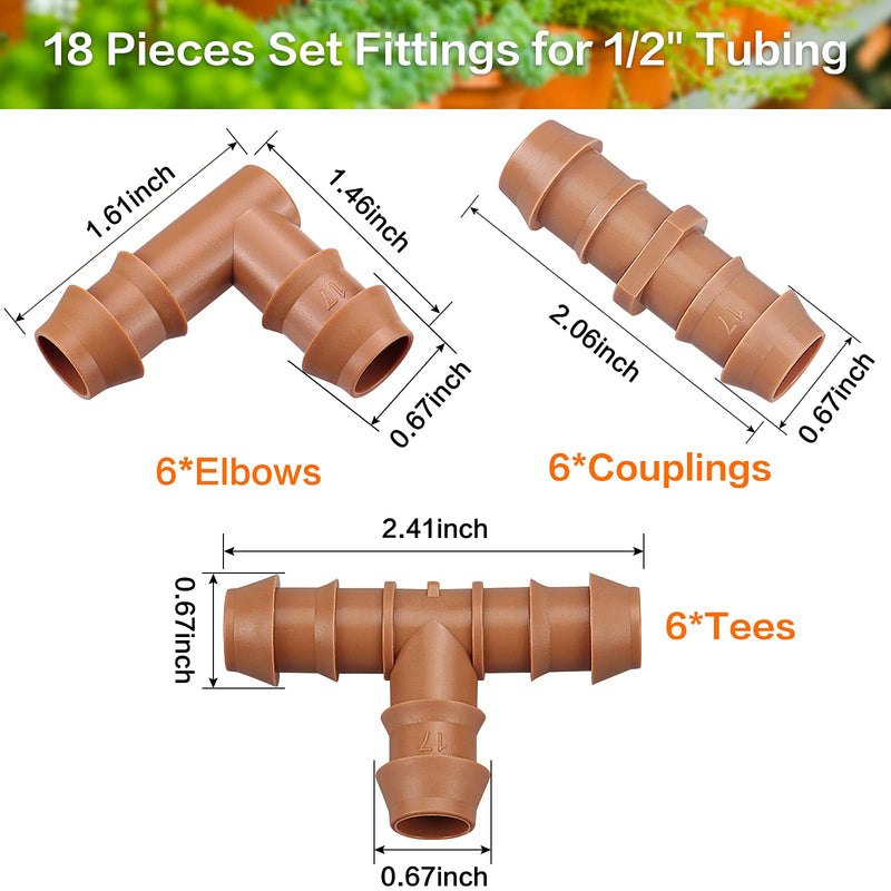 [Australia - AusPower] - iRunning Irrigation Fittings Kit (17mm) for 1/2" Tubing (0.600" ID), 18 Pieces Set Drip Line Connectors - 6 Tees, 6 Couplings, 6 Elbows – Barbed Connectors for Drip or Sprinkler Systems 