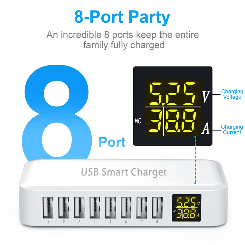 [Australia - AusPower] - USB Charging Station, Ziwodiv 8-Port 60W/12A USB Charger Station, Multi Ports USB-A Charging Hub with LED Display, Compact Desktop Charger for Multiple Devices, iPhone iPad Samsung Android and Tablet 