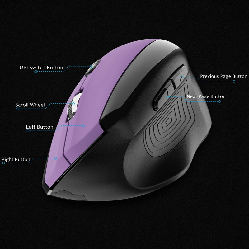 [Australia - AusPower] - Memzuoix Ergonomic Mouse Wireless, 2.4G Optical Cordless Mice with 800 / 1200 /1600 DPI, Vertical Computer Wireless Mouse for Laptop, Mac, PC, Desktop (for Right Hand, Large), Purple 