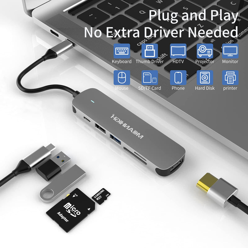 [Australia - AusPower] - MEANHIGH USB C 3.0 Hub, 6 in 1 Type C to USB Hub Adapter, 4K HDMI Output, SD/TF Card Reader, 100W PD Charging, Ultra-Slim and Portable, Compatible with MacBook Pro Air HP XPS and More Type C Device USB-C-6IN1 