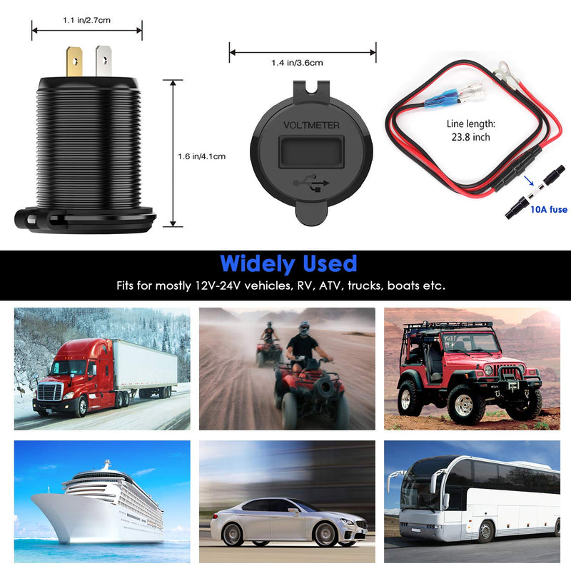 [Australia - AusPower] - Quick Charge 3.0 Dual USB Charger Socket, SunnyTrip Waterproof Aluminum Power Outlet Fast Charge with LED Voltmeter & Wire Fuse DIY Kit for 12V/24V Car Boat Marine Motorcycle Truck Golf Cart and More Dual QC3.0 