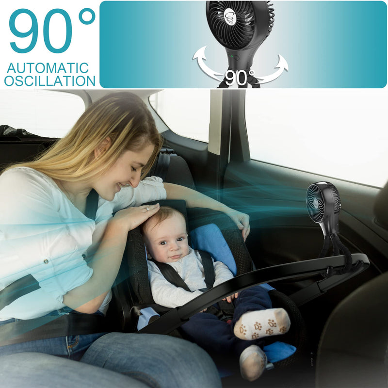[Australia - AusPower] - Auto Oscillating Stroller Fan, Battery Operated Fan, Portable Fan with Flexible Tripod, Ultra Quiet USB Desk Fan for Stroller/Car Seat/Treadmill/Camping/Hurricane/Outage, Black 
