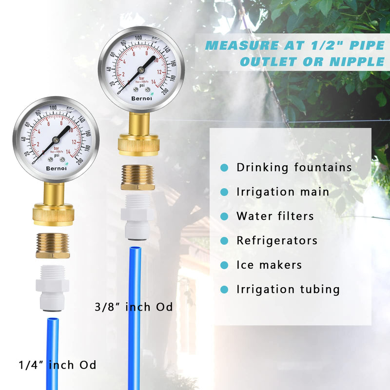 [Australia - AusPower] - Bernoi Water Pressure Gauge Kit, Glycerin Filled Test with Lead-Free Brass Hose Fittings, 3/4'' Female Coupler Plus 5 Adapters to in Multiple Systems, 2-2/3'' dial, 0-200 Psi 