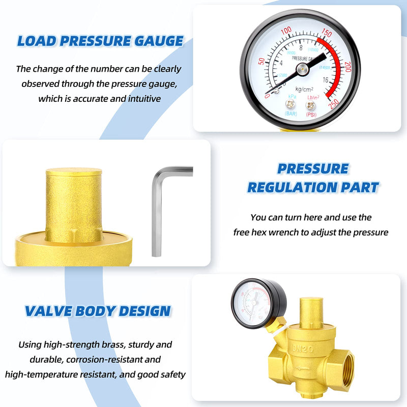 [Australia - AusPower] - MEANLIN MEASURE 3/4 inch brass Water pressure regulating valve, pressure regulating valve, pressure reducing valve, DN20, with 0-250PSI pressure gauge 