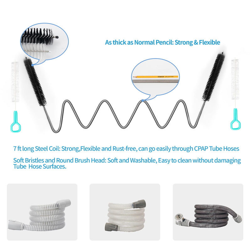 [Australia - AusPower] - Jakia CPAP Tube Hose Cleaning Brush Kit 7 ft Strong Flexible Spring Body with Double Brush Heads Each 8.7" and 6.7“ Diameters Plus Two 7" Handy Brushes, 4 PCS Bandage Ties and 2 PCS Hose Bushin 